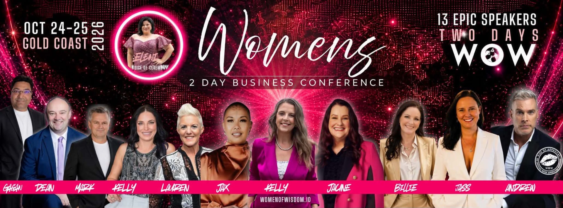 WOW Women's 2 Day Business Conference group line-up on stage in magenta spotlights — 24-25 October 2026, Gold Coast